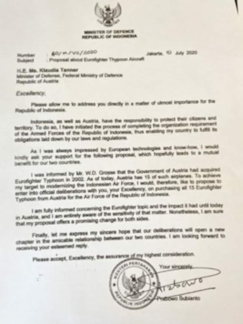 Der Brief des indonesischen Verteidigungsministers (Bild: zVg)