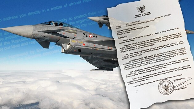 Mit diesem Brief im vergangenen Sommer an Klaudia Tanner fing alles an. „Indonesien ist an Österreichs Eurofightern interessiert.“ (Bild: BMLVS / zVg, krone.at-Grafik)