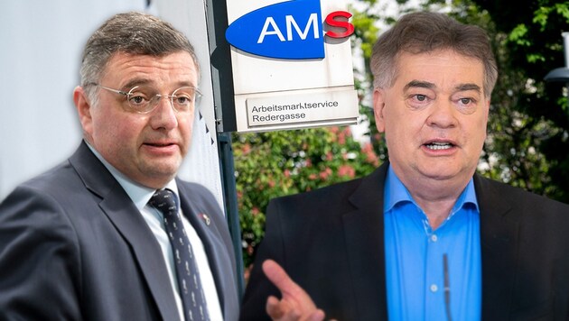 Jörg Leichtfried (SPÖ) und Werner Kogler (Grüne) haben derzeit deutlich unterschiedliche Ansichten, wie das Arbeitslosengeld geregelt werden soll. (Bild: APA/GEORG HOCHMUTH, APA/ROLAND SCHLAGER, krone.at-Grafik)