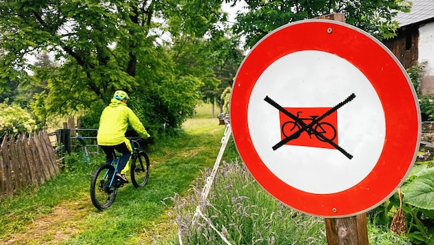 Zahlreiche Verbotstafeln für Radfahrer hat Landwirt Hans Lassernig auf dem Oswaldiberg aufgestellt, die dennoch immer wieder ignoriert werden. (Bild: Wallner Hannes)