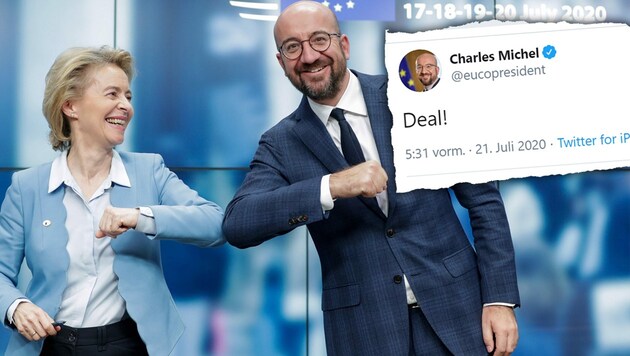 Deal! Die EU-Spitzen Von der Leyen und Michel im Jahr 2020 (Bild: AP, krone.at-Grafik, twitter.com/eucopresident)