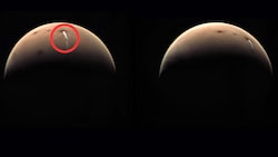 Zwei Aufnahmen der Wolke, die die Sonde „Mars Express“ zur Erde gefunkt hat. (Bild: ESA)