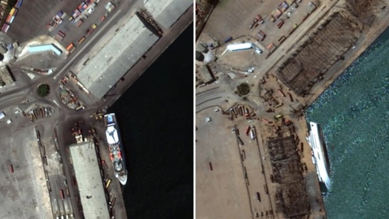 Durch die Druckwelle ist auch das im Hafen liegende, 121 Meter lange Kreuzfahrtschiff Orient Queen gesunken. (Bild: APA/AFP/Satellite image ©2020 Maxar Technologies/Handout)