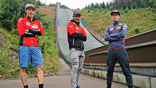 Die steirischen Kombinierer Franz Josef Rehrl, Lukas Klapfer und Martin Fritz (v. li.) liefern sich beim Trainingslager in Norwegen interne Wettkämpfe. (Bild: ÖSV)
