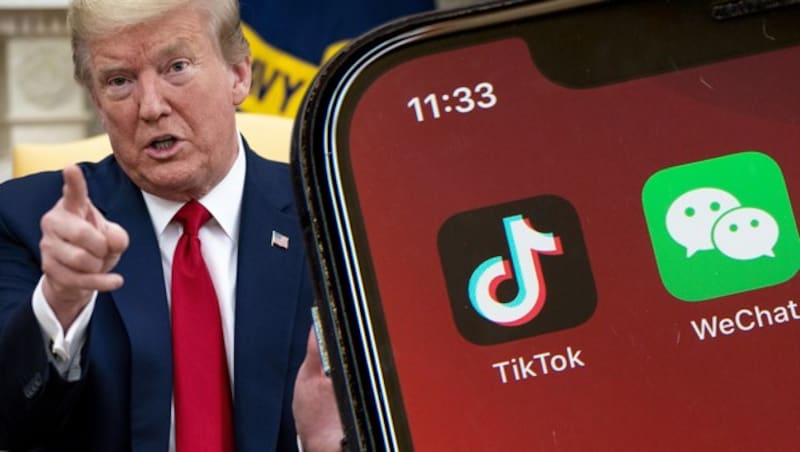 US-Präsident Trump fordert eine Sperre der chinesischen Apps TikTok und WeChat. US-Gerichte haben die Sperre vorerst blockiert. (Bild: AP Photo/Mark Schiefelbein, APA/Getty Images via AFP/GETTY IMAGES/POOL, Krone KREATIV)