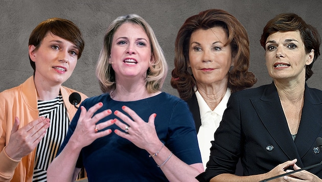 Frauen, die die Politik in Österreich prägen oder prägten (v. l.): Grünen-Klubobfrau Sigi Maurer, NEOS-Chefin Beate Meinl-Reisinger, die ehemalige Bundeskanzlerin Brigitte Bierlein und die SPÖ-Chefin Pamela Rendi-Wagner. (Bild: APA, Hans Klaus Techt, Hochmuth, Krone KREATIV)