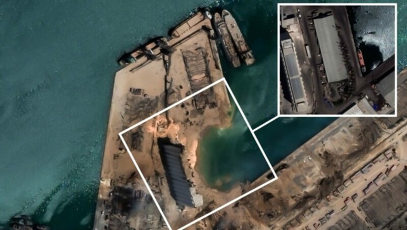 Das Satellitenbild zeigt den Hafen von Beirut vor und nach der Explosion. (Bild: Cover Images / Action Press / picturedesk.com)