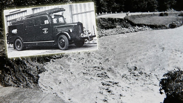 Am 13. August 1959 machten die Fluten des Fritzbaches auch nicht vor der Katschberg-Straße halt. Die Bischofshofener Floriani rückten mit einem Nachkriegsfahrzeug aus. (Bild: Repro: GERHARD SCHIEL)