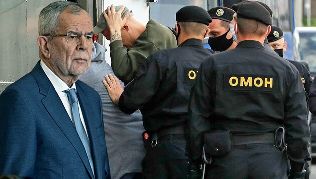 Bundespräsident Alexander Van der Bellen ist „zutiefst betroffen“ über die Vorgänge in Weißrussland nach der umstrittenen Wahl von Präsident Alexander Lukaschenko. (Bild: AP, APA/HANS PUNZ, krone.at-Grafik)