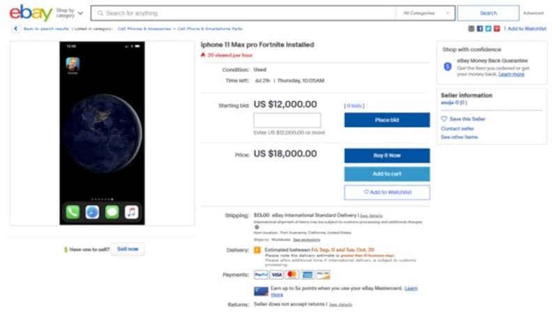 Um 18.000 US-Dollar kann man bei einem US-Anbieter ein iPhone mit „Fortnite“ darauf direkt kaufen, das Mindestgebot liegt bei 12.000 Dollar. (Bild: Screenshot, ebay.com)