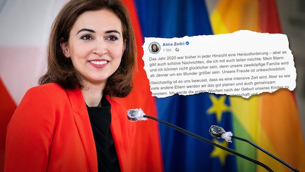Justizminister Alma Zadic gab auf Facebook bekannt, dass sie schwanger ist. (Bild: APA/GEORG HOCHMUTH, facebook.com, Krone KREATIV)