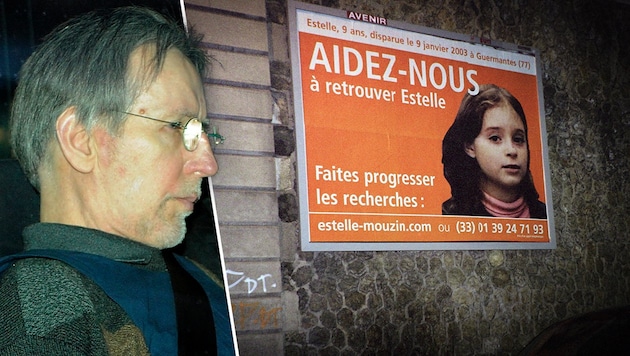 Ein Bild des Serienmörders Michel Fourniret aus dem Jahr 2008 (links). Rechts: Estelle Mouzin war im Jänner 2003 auf dem Heimweg von der Schule verschwunden. (Bild: CBA/AFP, BENOIT DOPPAGNE/BELGA/AFP, Krone KREATIV)