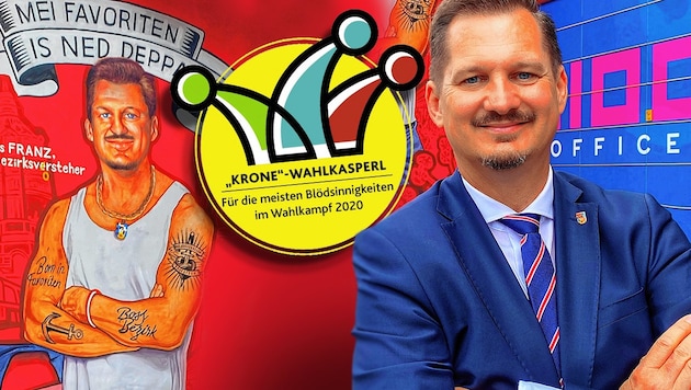 Wahlwerbung als „Mundl“: Bezirkschef Marcus Franz vor seinem Graffiti. (Bild: SPÖ Wien, Krone KREATIV)