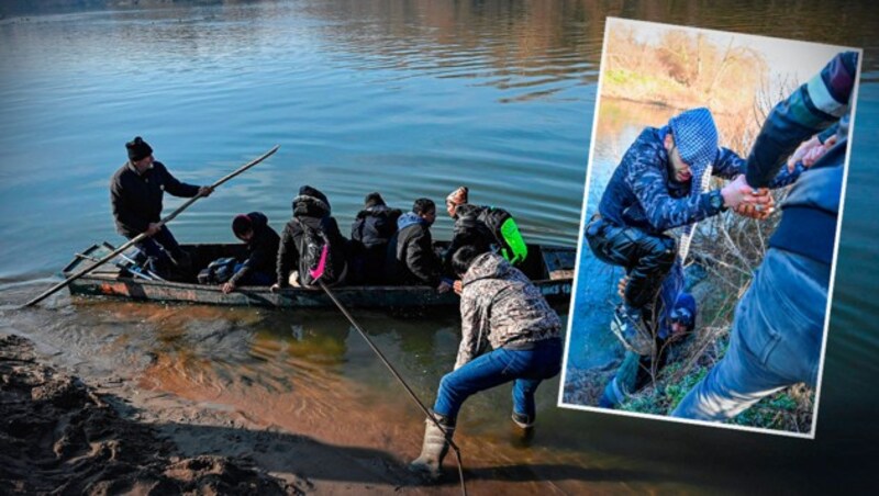 Die EU als Ziel: Mit Booten wollen viele Migranten über den Fluss gelangen (Archivbild). Völlig durchnässt wurde dieser junge Mann ans Ufer gezogen. Schlepper sind im Großeinsatz. (Bild: AFP (2), Krone KREATIV)