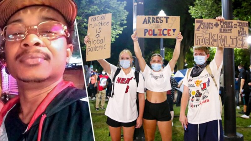 Jacob Blake hier auf einem Selfie mit seiner Cousine zweiten Grades - und die Protestierenden in Kenosha (Bild: AP, AFP, Krone KREATIV)