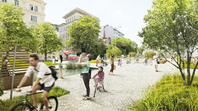 Die Grünen wollen ein 10.000 Quadratmeter großes Asphaltareal beim Wiener Naschmarkt in eine Erholungszone samt Bäumen, Bepflanzung, Wasser und Radspielplatz umgestalten. (Bild: APA/KATHI PUXBAUM)