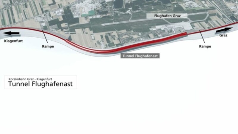 Ein Überblick über den Verlauf der neuen Koralmbahnstrecke inklusive Unterflurtrasse beim Flughafen Graz (Bild: ÖBB/3D-Schmiede)