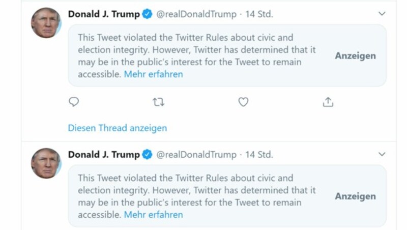 Zuletzt wurden Tweets des US-Präsidenten wiederholt mit Warnhinweisen gekennzeichnet. (Bild: twitter.com/realdonaldtrump)