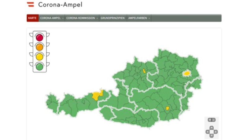 In der ersten Ampelschaltung wurden vier Regionen auf Gelb gestuft: Wien, Graz, Linz und der Bezirk Kufstein. (Bild: corona-ampel.gv.at)