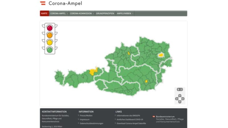 So sieht die Corona-Ampel-Website am PC aus. Die Karte verrät auf den ersten Blick, wie die Experten das Risiko in den einzelnen Bezirken einschätzen. (Bild: Screenshot, corona-ampel.gv.at)