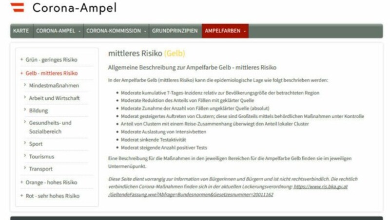 Unter dem Menüpunkt „Ampelfarben“ findet man höchst detaillierte Informationen zu den einzelnen Farben und den damit einhergehenden Maßnahmen. Für manch einen vielleicht zu detailliert ... (Bild: Screenshot, corona-ampel.gv.at)