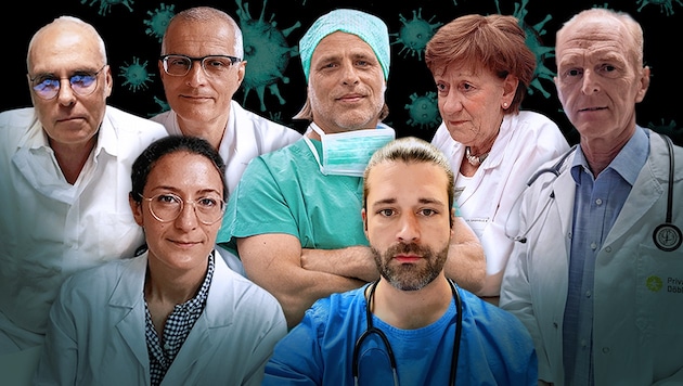 Die Folgen einer Coronavirus-Erkrankung sind vielschichtig - und oft langwierig, sagen diese sieben Ärzte. (Bild: Andi Schiel, zVg, Martina Prewein, stock.adobe.com, Krone KREATIV)