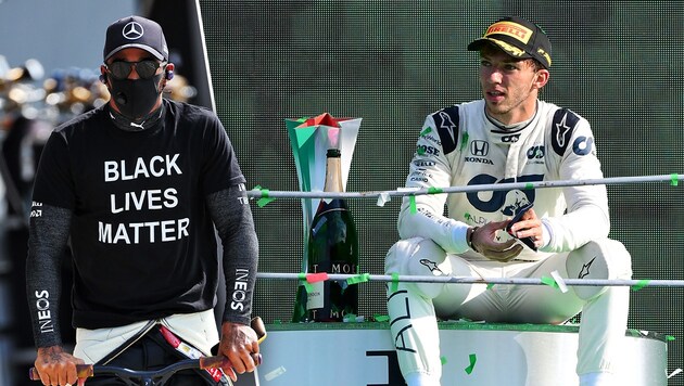 Lewis Hamilton (li.) und Pierre Gasly (Bild: AFP, GEPA, Krone KREATIV)