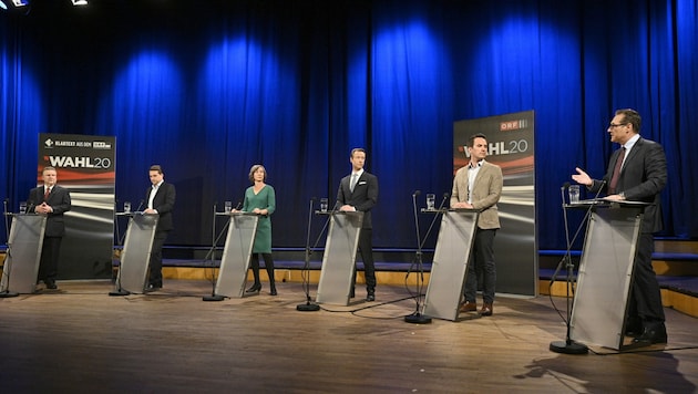 Duell im ORF-Funkhaus: Die Spitzenkandidaten wiederholten zum Großteil ihre bereits bekannten Positionen. (Bild: APA/HANS PUNZ)