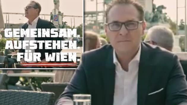 Heinz-Christian Strache wirbt mit dem Slogan: „GEMEINSAM. AUFSTEHEN. FÜR WIEN.“ (Bild: facebook.com/StracheHeinzChristian, Krone KREATIV)