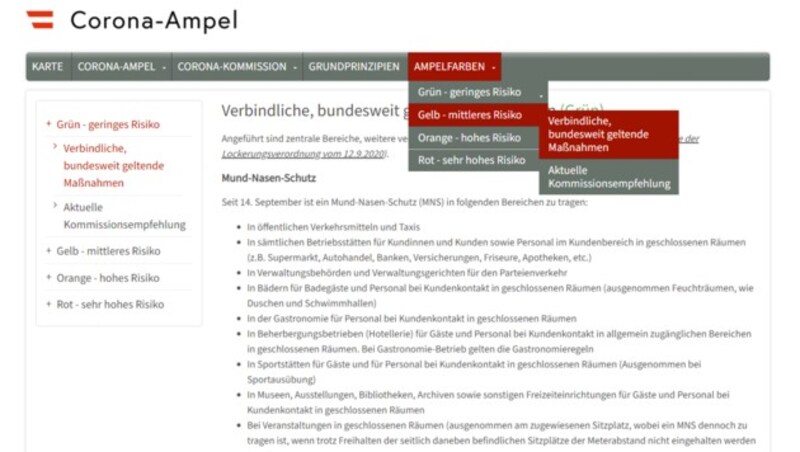 Nach der Sondersitzung der Kommission wurde die Website zur Corona-Ampel wieder mit ausführlichen Infos zu den geltenden Maßnahmen versehen. Die sind allerdings derzeit bei drei von vier Ampelfarben ident. (Bild: Screenshot, corona-ampel.gv.at)