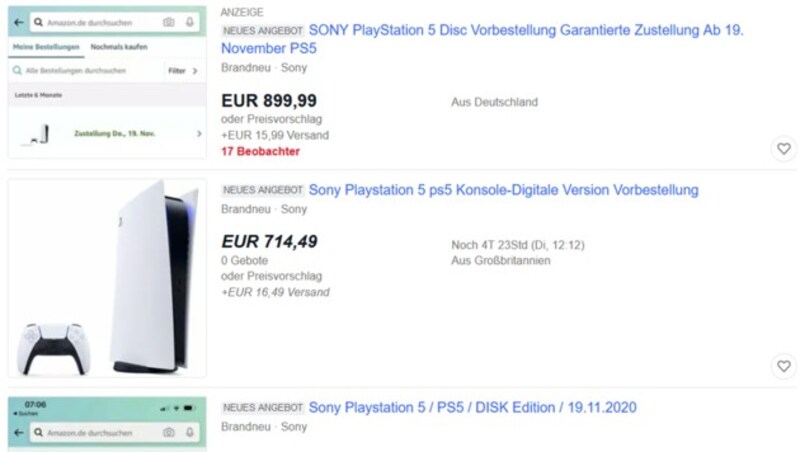 Auf eBay verkaufen PS5-Vorbesteller ihre noch nicht erhaltenen Konsolen schon wieder weiter. Als Beleg für die Lieferung zum Verkaufsstart zeigt man etwa Amazon-Screenshots. (Bild: Screenshot, ebay.de)