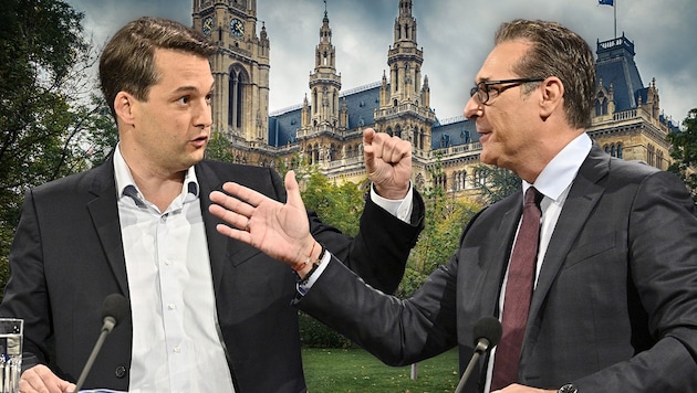 Der Wiener FPÖ-Chef Dominik Nepp darf Heinz-Christian Strache weiter in Verbindung mit Betrug bringen. (Bild: APA/HANS PUNZ, stock.adobe.com, Krone KREATIV)