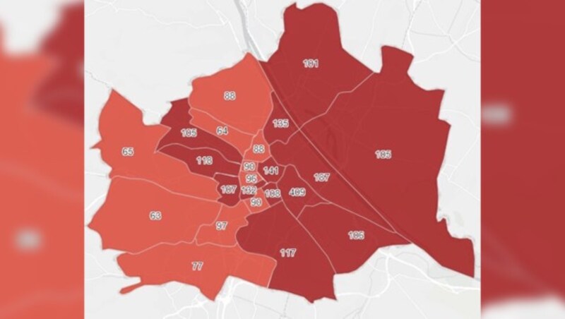 Die 7-Tages-Inzidenz pro 100.000 Einwohner in der Bundeshauptstadt nach Bezirken (Bild: AGES, krone.at-Grafik)