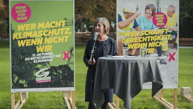 Spitzenkandidatin Birgit Hebein (Grüne) bei der Vorstellung der zweiten Plakatserie für die Wien-Wahl (Bild: APA/KARO PERNEGGER)