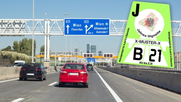 Bald kommt die neue, derzeit braucht man für Autobahn und Schnellstraße die grüne Vignette. (Bild: stock.adobe.com, Asfinag, Krone KREATIV)