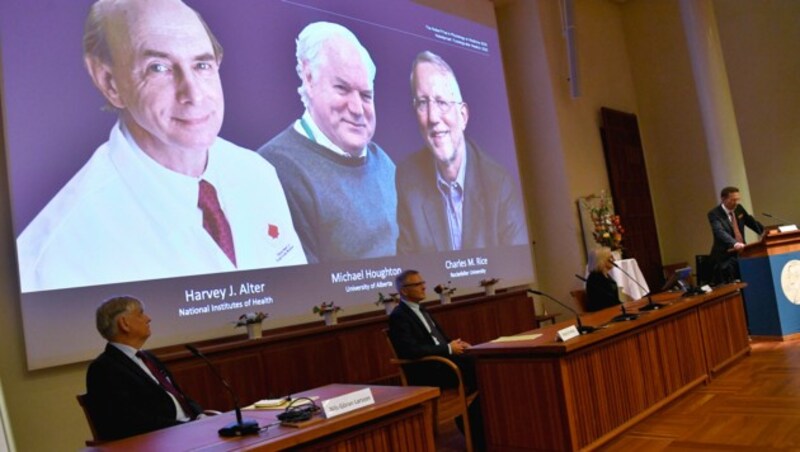 Die frischgebackenen Nobelpreisträger Harvey J. Alter (links), Michael Houghton und Charles M. Rice (rechts) (Bild: Claudio Bresciani/TT via AP)