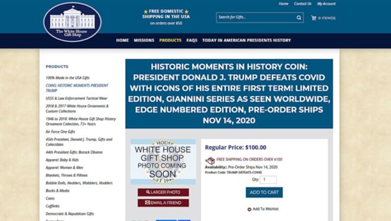 Im Onlineshop des Weißen Hauses soll die Münze ab 14. November erhältlich sein. Vorbestellungen werden bereits angenommen. (Bild: Screenshot www.whitehousegiftshop.com)