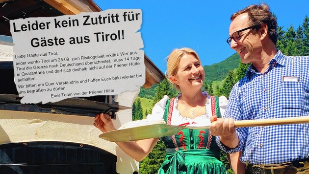 Monika und Andreas, die Wirte der Priener Hütte, bitten ihre Gäste aus Tirol um Verständnis und hoffen sehr, sie bald wieder begrüßen zu dürfen. (Bild: Priener Hütte, Krone KREATIV)