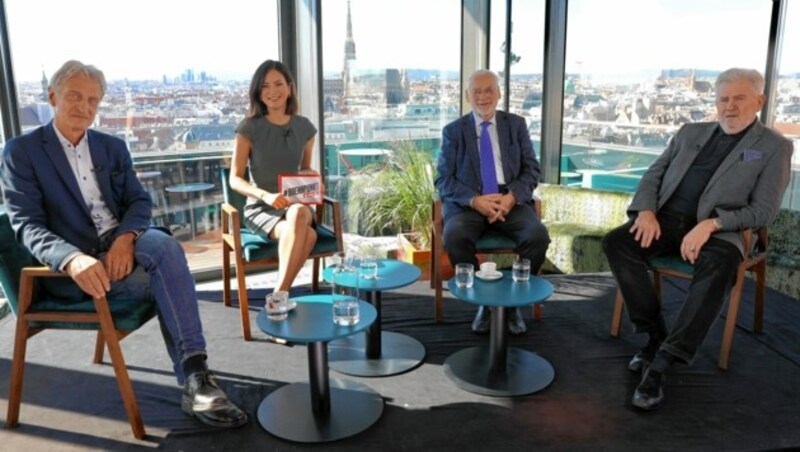 Josef Cap, Moderatorin Katia Wagner, Erhard Busek, Andreas Mölzer im #brennpunkt-Talk (Bild: Jöchl Martin)