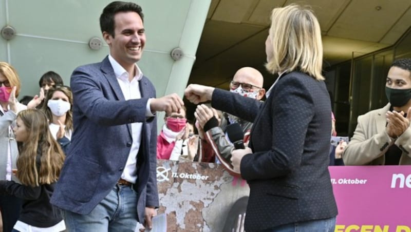 NEOS-Spitzenkandidat Christoph Wiederkehr mit der Bundesparteivorsitzenden Beate Meinl-Reisinger. (Bild: APA/HANS PUNZ)