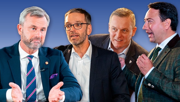 Die FPÖ-Granden Norbert Hofer, Herbert Kickl, Mario Kunasek und Manfred Haimbuchner (Bild: APA, Krone KREATIV)