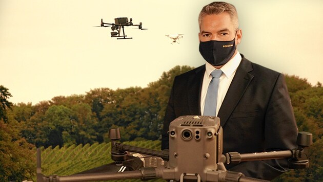 Innenminister Karl Nehammer (ÖVP) setzt beim Grenzschutz verstärkt auf Drohnen. (Bild: Sepp Pail, APA/Peter Kolb, Krone KREATIV)