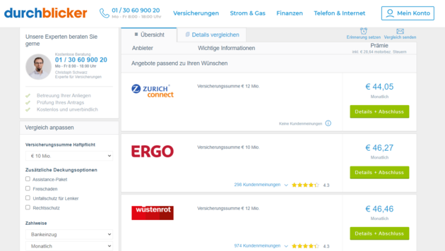 durchblicker Autoversicherungsvergleich: Prämien ganz einfach online vergleichen und zum günstigsten Anbieter wechseln (Bild: durchblicker)