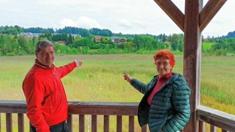 Bürgermeister Karl Dovjak mit Gerlinde Darnhofer im Moor. (Bild: Drian Wiedergut)