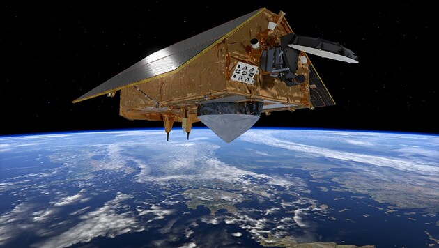 Künstlerische Illustration: der Satellit „Michael Freilich“ in seinem Erdorbit (Bild: ESA/ATG medialab)