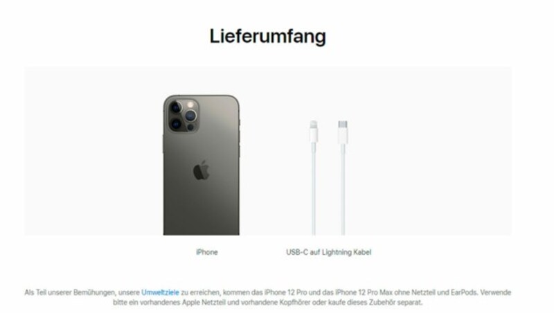 In Österreich liegen dem iPhone 12 weder Netzteil noch EarPods bei. (Bild: apple.com/at)