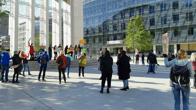 Rund 100 Personen versammelten sich mit Abstand am Landhausplatz. (Bild: APA/Brigitte Kurzthaler)