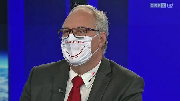 Wegen der Schutzmaske Foitiks sah sich Moderator Armin Wolf gezwungen, sich bei den Zusehern für seine fehlende Maske zu entschuldigen. (Bild: tvthek.orf.at)