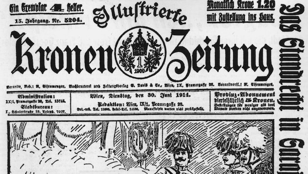 Die „ Illustrierte Kronen Zeitung“ berichtete 1914 über das Attentat auf Thronfolger Franz Ferdinand. (Bild: Krone)