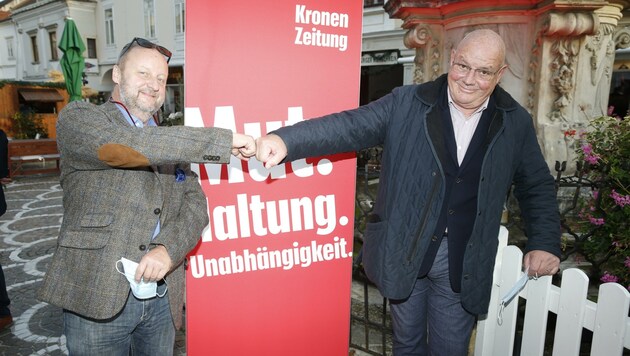  Kollegen unter sich: Schauspieler und Winzer Martin Weinek (links) gemeinsam mit „Trautmann“-Darsteller Wolfgang Böck. (Bild: Holl Reinhard)